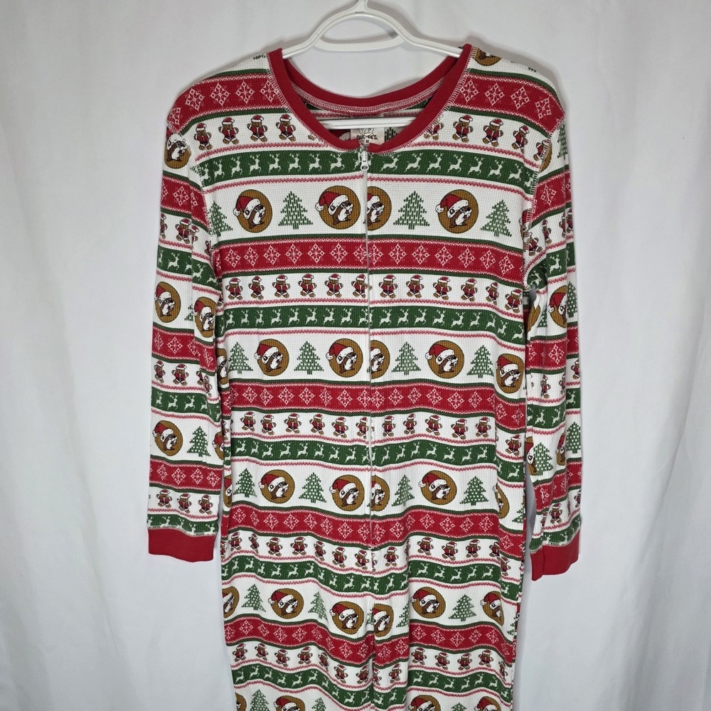 Buc-ee's Christmas Union Suit Pajamas M Women's Zip Front Waffle Knit Flapjack